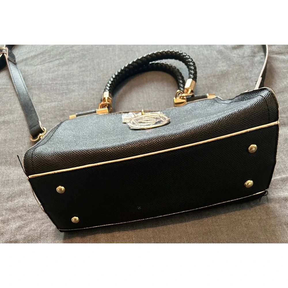 Bebe Black Saffiano Crossbody Satchel Bag Braided Handle Gold Logo Medallion